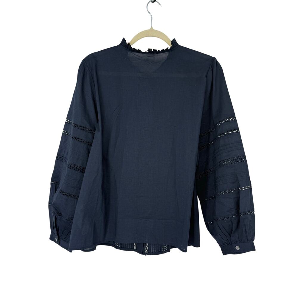 Madewell Navy Pintuck Lace Insert Blouse Ruffle Neck Boho Cottagecore Top L - Picture 4 of 13